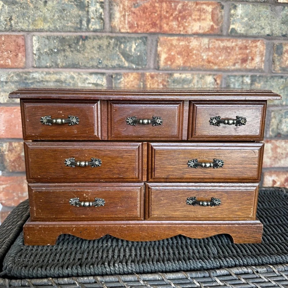 Vintage Wood Jewelry Box Armoire 5 Drawer Mirror Top Chest Dark Brown Finish